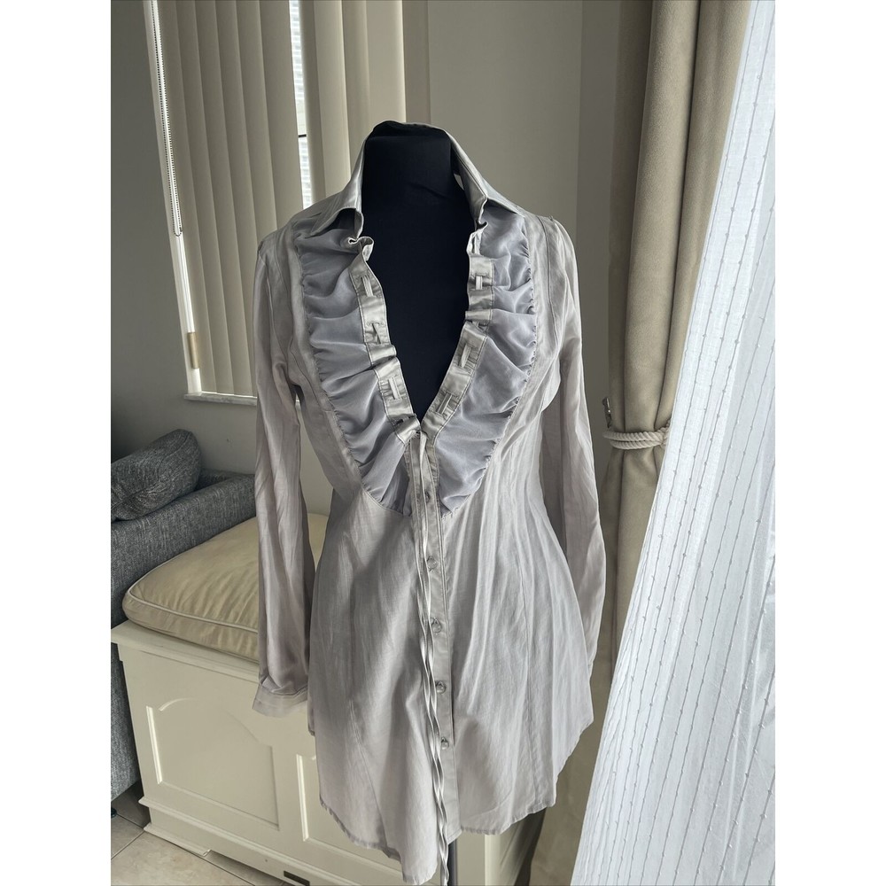 Heart & Crowns M Tunic Top Gray Tied Front Silky Satin Collar Roll tab Sleeves
